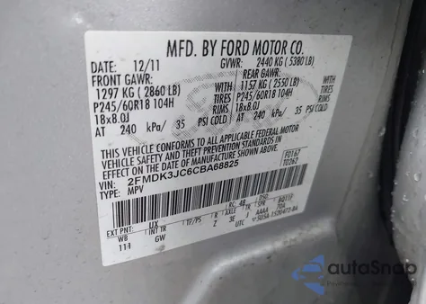 2012 Ford Edge Sel из США, поврежденный, VIN 2FMDK3JC6CBA68825